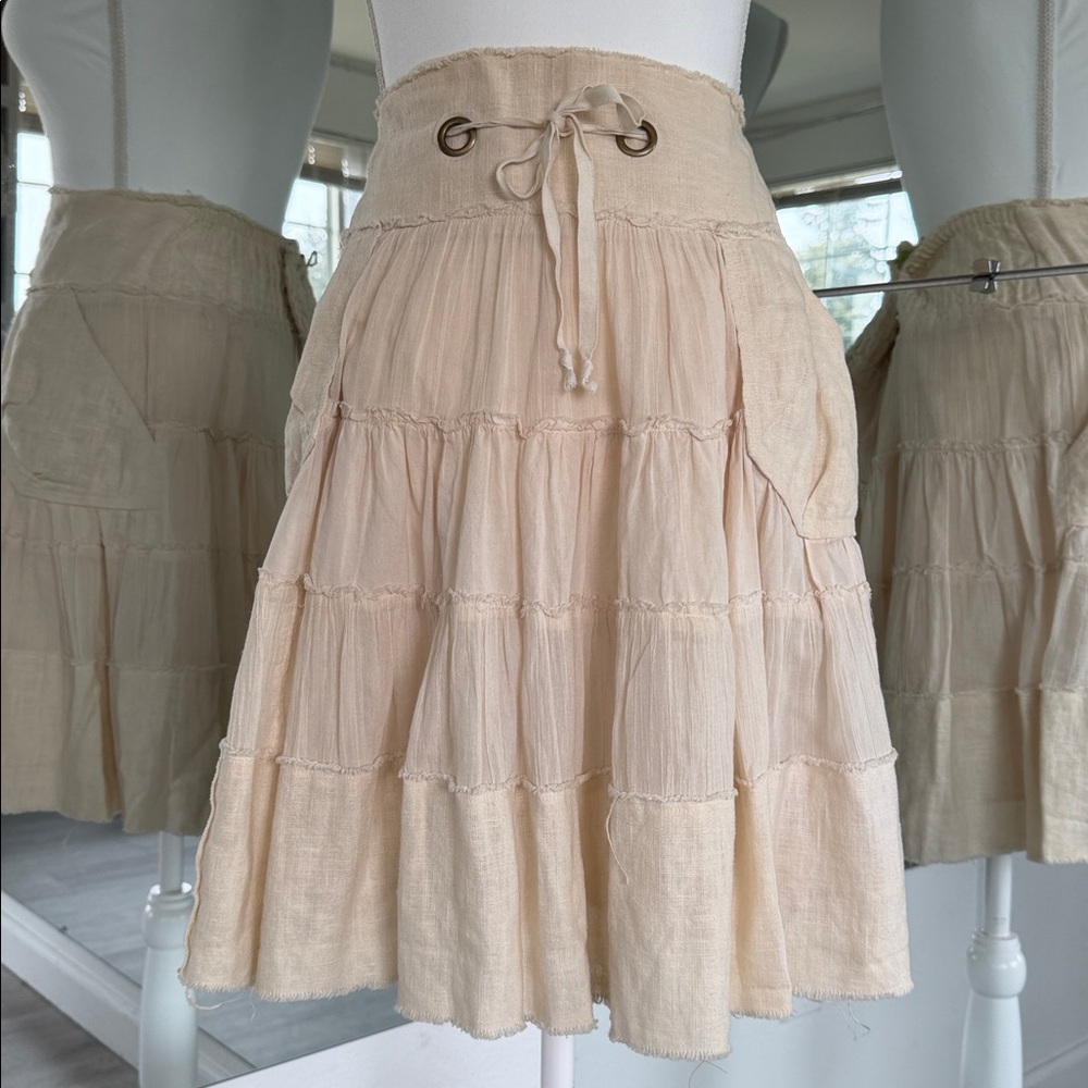 Free People Cream Tiered Skirt with Drawstring Waist